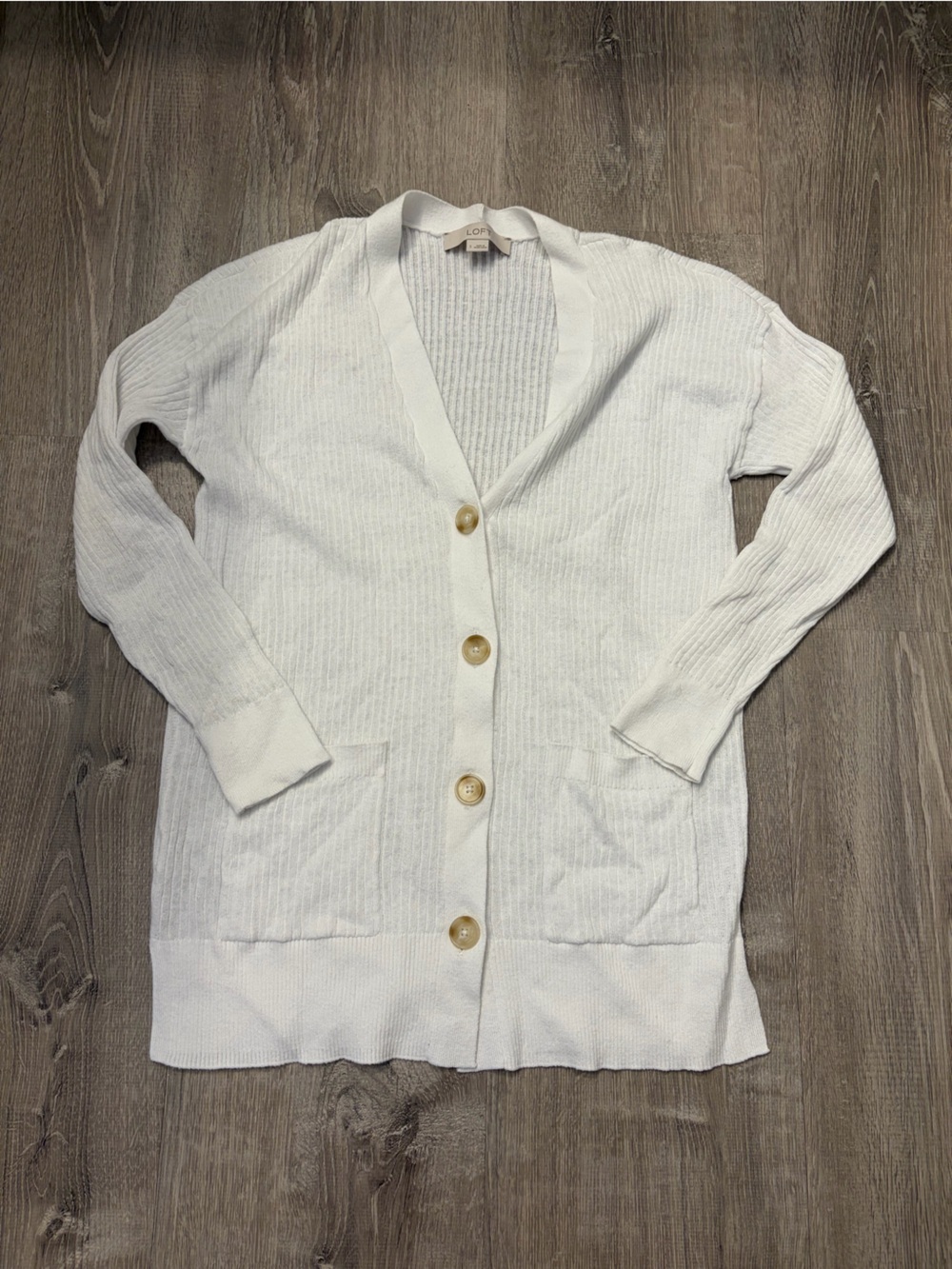 Women's LOFT White Ribbed Cardigan Sweater- Size Small- Pre-owned